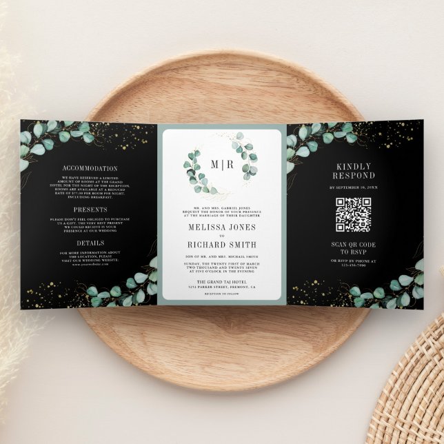 Greenery Gold Eucalyptus Black QR Code Wedding Tri-Fold Invitation (Creator Uploaded)