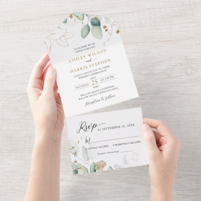 Greenery Gold Eucalyptus Rustic Wedding All In One Invitation (Tearaway)