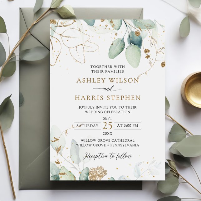 Greenery Gold Eucalyptus Rustic Wedding Invitation (Creator Uploaded)