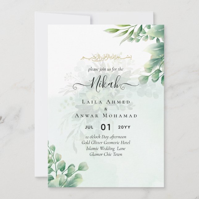 Greenery Gold Eucalyptus WEDDING QR CODE Modern Invitation (Front)