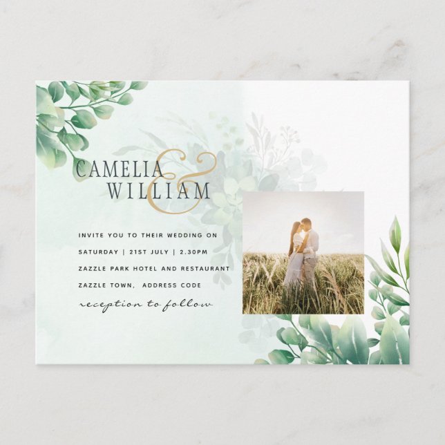 Greenery Gold Eucalyptus WEDDING QR CODE Modern Postcard (Front)