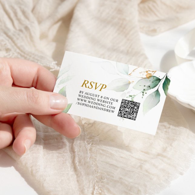 Greenery & Gold Eucalyptus Wedding QR Code RSVP Enclosure Card (Creator Uploaded)