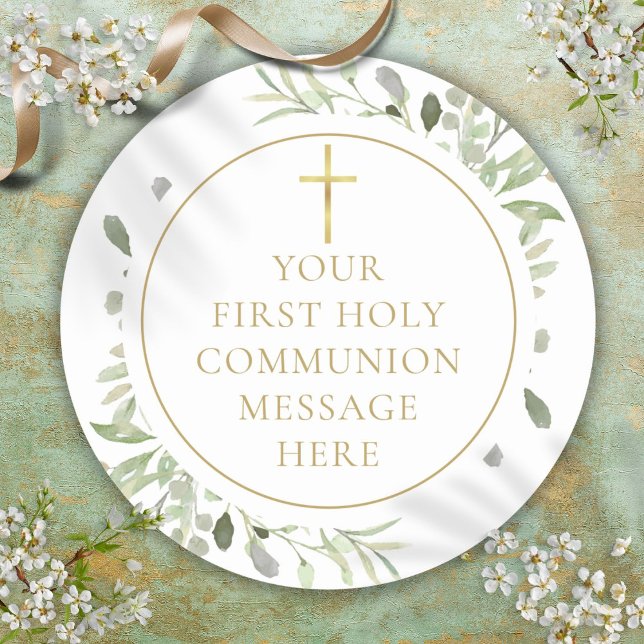 Greenery Gold First Holy Communion Message Classic Round Sticker (Greenery Gold First Holy Communion Message Classic Round Sticker)