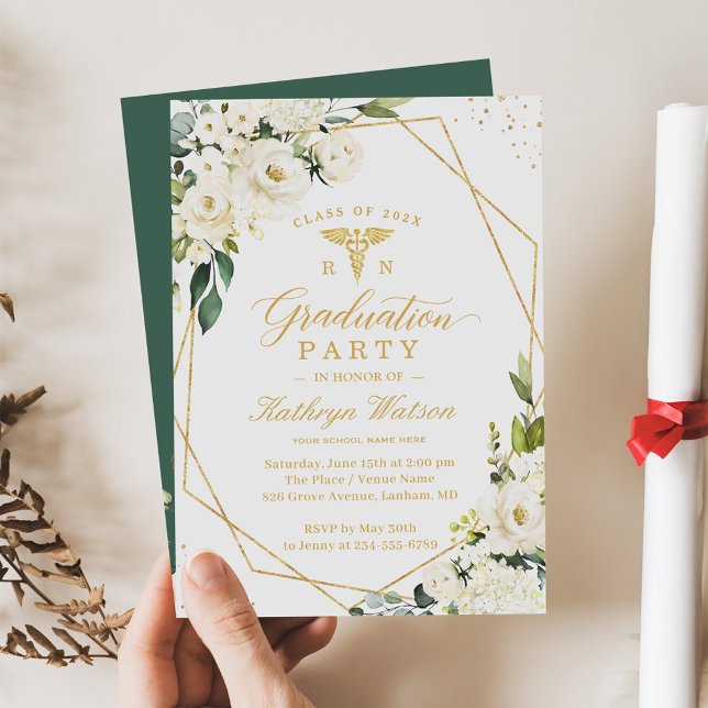 Greenery Gold Floral Medical Logo Graduation Invitation (Creator Uploaded)