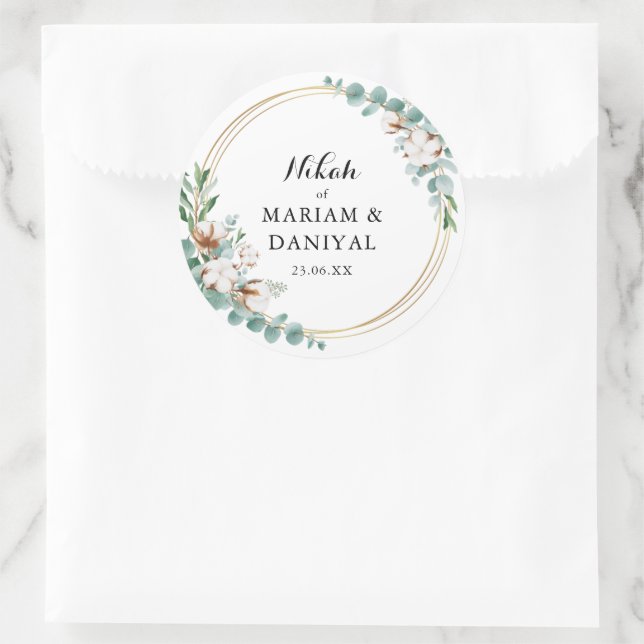 Greenery Gold Floral Muslim Nikah Wedding Large Classic Round Sticker (Bag)
