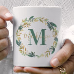 Greenery Gold Floral Wreath Custom Monogram Coffee Mug<br><div class="desc">Elegant nature inspired custom coffee mug design features a beautiful watercolor greenery wreath with neutral green,  gold,  and cream coloured foliage and flowers. Personalise with custom monogram name and initial. Makes a great gift for your bridesmaids and other members of your bridal party.</div>