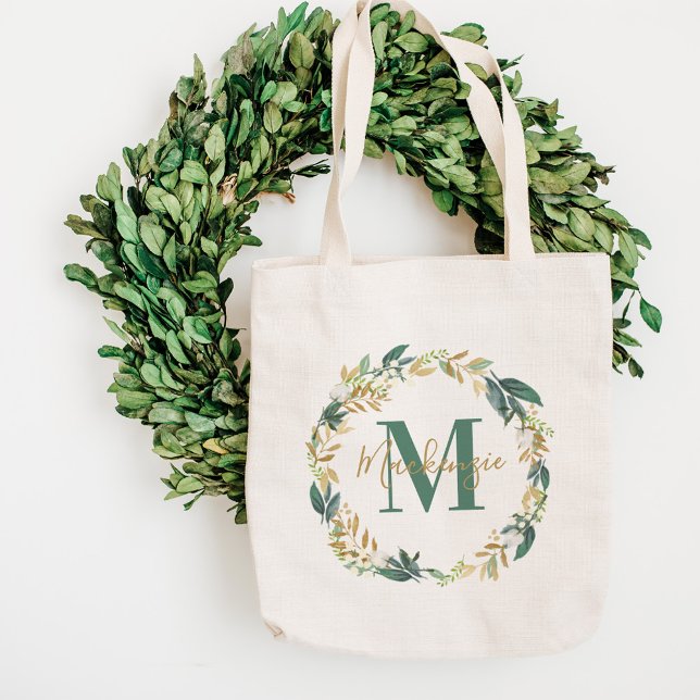 Greenery Gold Floral Wreath Custom Monogram Tote Bag (Creator Uploaded)