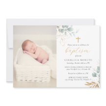 Greenery Gold Foil Baptism Invitation with Photo