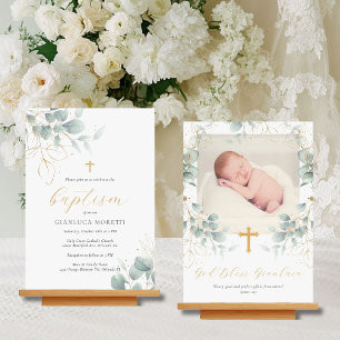 Greenery Gold Foil Baptism Invitation with Photo