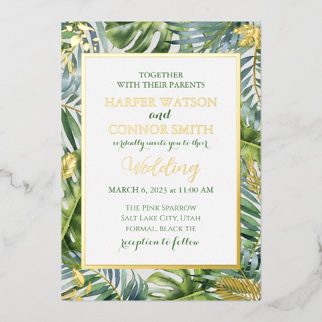 Greenery gold foil leaves  simple wedding   (Front)