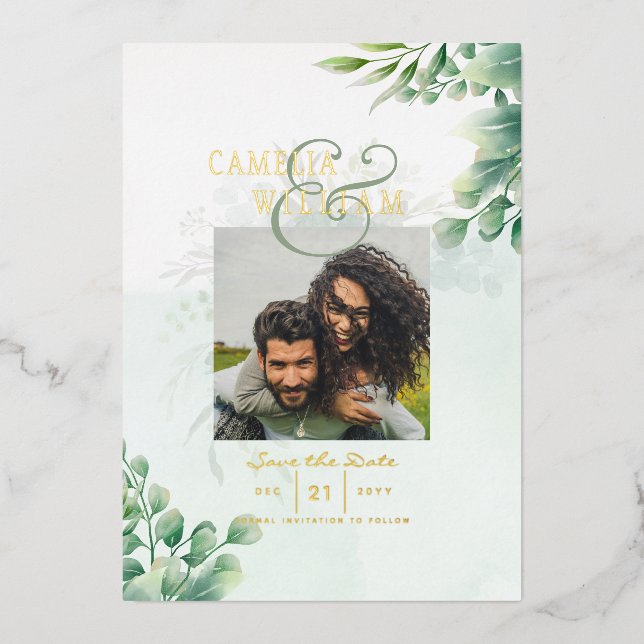 Greenery Gold Foil PHOTO QR CODE Wedding Save Date (Front)