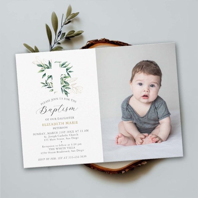 Greenery Gold Foliage Baby Toddler Photo Baptism Invitation (baby baptism photo invitation christening greenery foliage gold elegant classy simple delicate soft)