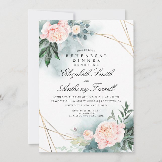 Greenery Gold Frame Pink Floral Rehearsal Dinner Invitation (Front)