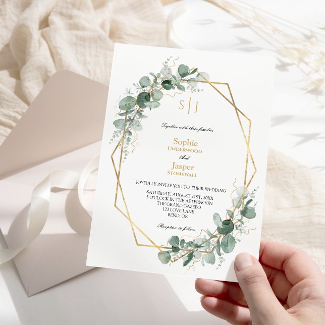 Greenery Gold Frame Simple Monogram Wedding Invitation (Creator Uploaded)