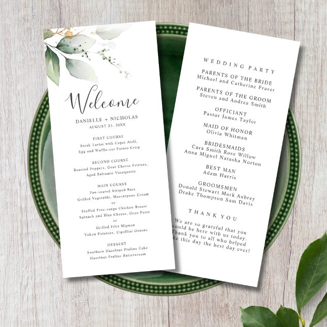 Greenery Gold Garden Wedding Program (Watercolor Wedding Menu)
