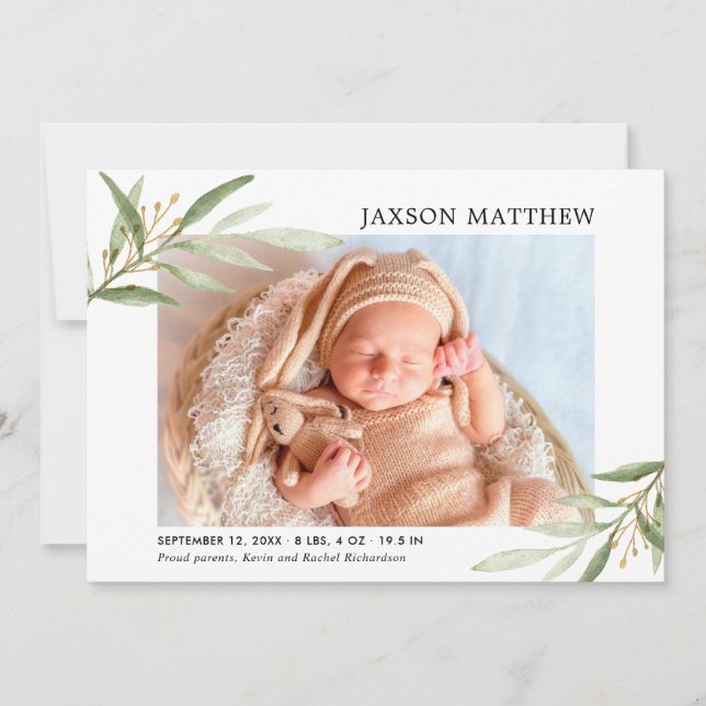 Greenery gold gender neutral birth announcement (Front)