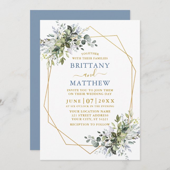 Greenery Gold Geo Frame Dusty Blue Wedding Invitation (Front/Back)