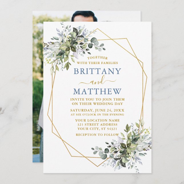 Greenery Gold Geo Frame Photo Wedding Dusty Blue Invitation (Front/Back)