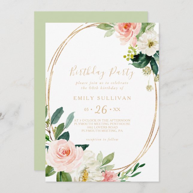Greenery & Gold Geometric 60th Birthday Party Invitation (Front/Back)