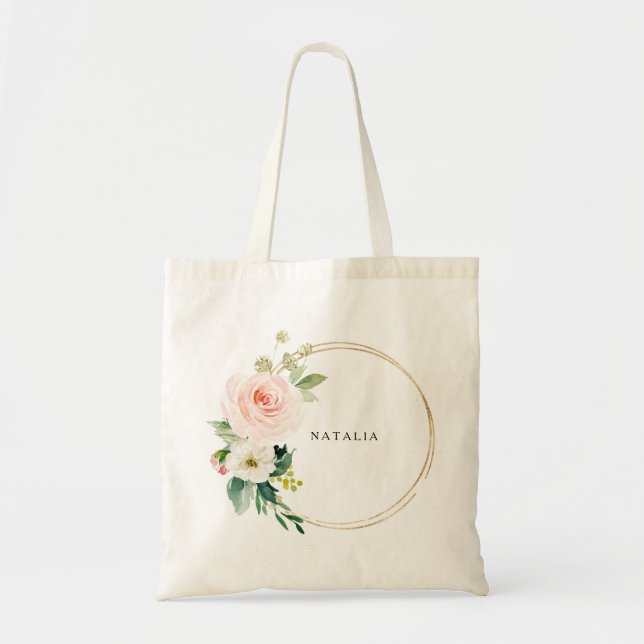 Greenery & Gold Geometric Elegant Floral Tote Bag (Front)