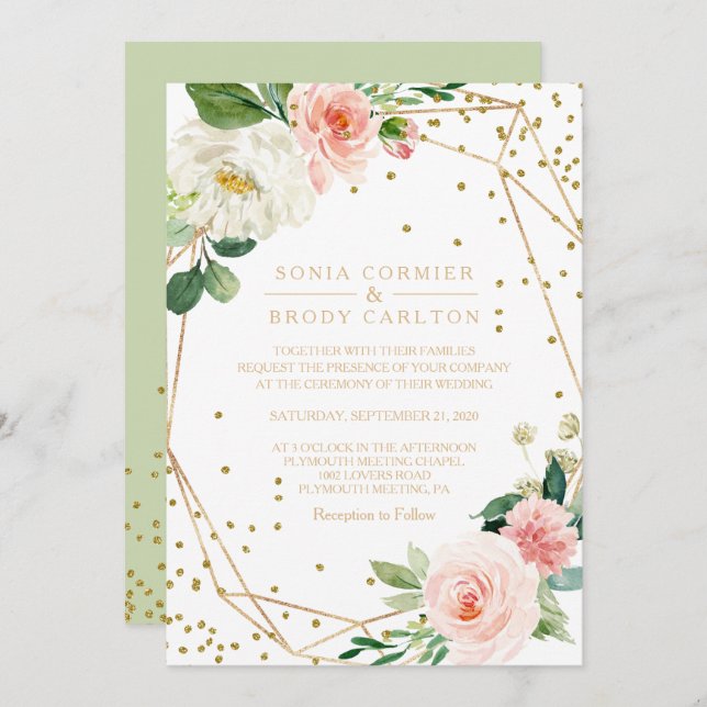 Greenery & Gold Geometric Elegant Floral Wedding Invitation (Front/Back)