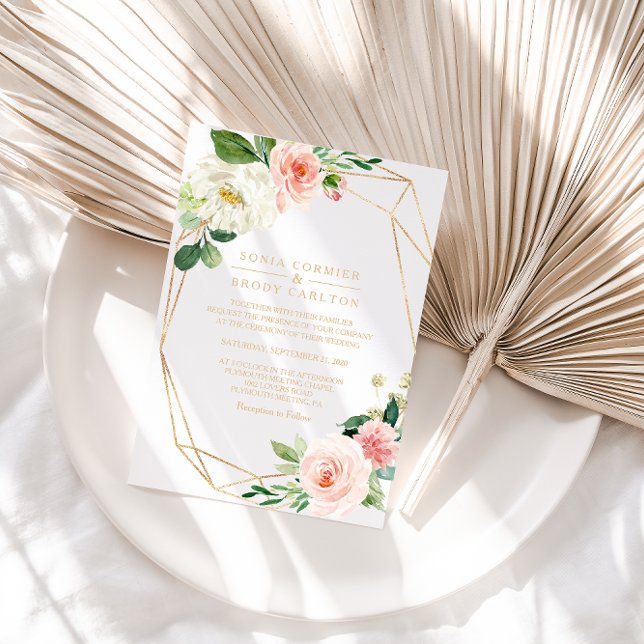 Greenery & Gold Geometric Elegant Floral Wedding Invitation (Creator Uploaded)