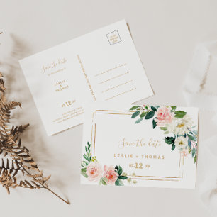 Greenery & Gold Geometric Elegant Save the Date Postcard