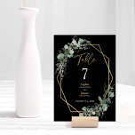 Greenery Gold Geometric Frame Simple Black Wedding Table Number<br><div class="desc">This greenery gold geometric frame simple black wedding table number design features easy mix and match coordinating styles in black and white with delicate greenery elements adding graceful flourish around simple sophisticated typography and lovely minimal calligraphy script. The watercolor eucalyptus and other botanical leaves arch beautifully throughout, with dark emerald...</div>