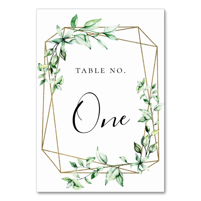 Greenery Gold Geometric Frame Table Number (Front)