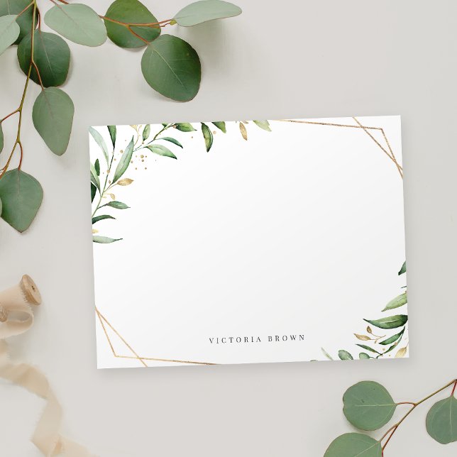Greenery Gold Geometric Personalized Stationery Card (Greenery Gold Geometric Personalized Stationery Note Card)