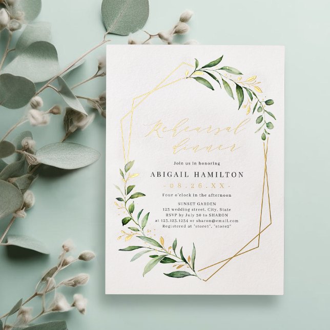 Greenery Gold Geometric Rustic Rehearsal Dinner (Greenery Gold Geometric Rustic Rehearsal Dinner Foil Invitation)