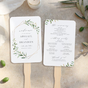 Greenery Gold Geometric Rustic Wedding Program Hand Fan