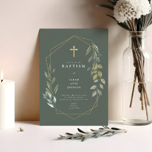 Greenery & Gold Geometric Terrarium Baby Baptism Invitation