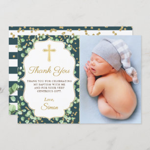 Greenery Gold Glitter Baptism Thank you Card
