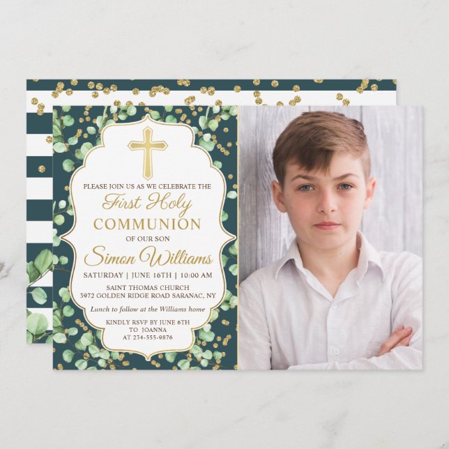 Greenery Gold Glitter First Holy Communion Invitation (Front/Back)