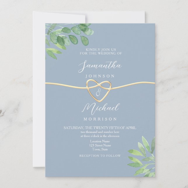 Greenery Gold Heart Dusty Blue Wedding Invitation (Front)