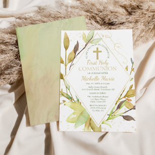 Greenery Gold Leaf Cross First Holy Communion Invitation