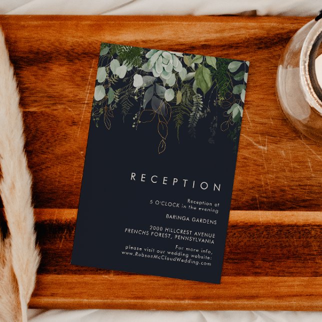 Greenery & Gold Leaf | Dark Navy Wedding Reception Enclosure Card (Creator Uploaded)