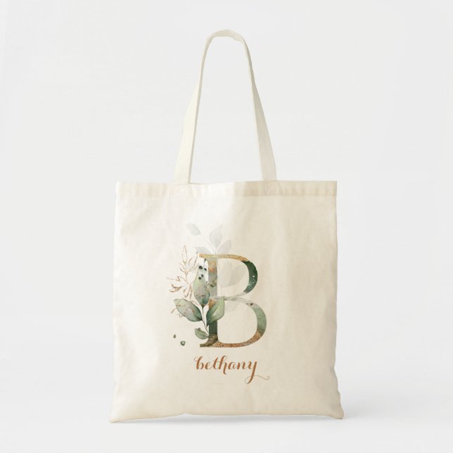 Greenery Gold Leaf Foliage Personalised Letter "B" Tote Bag (Front)