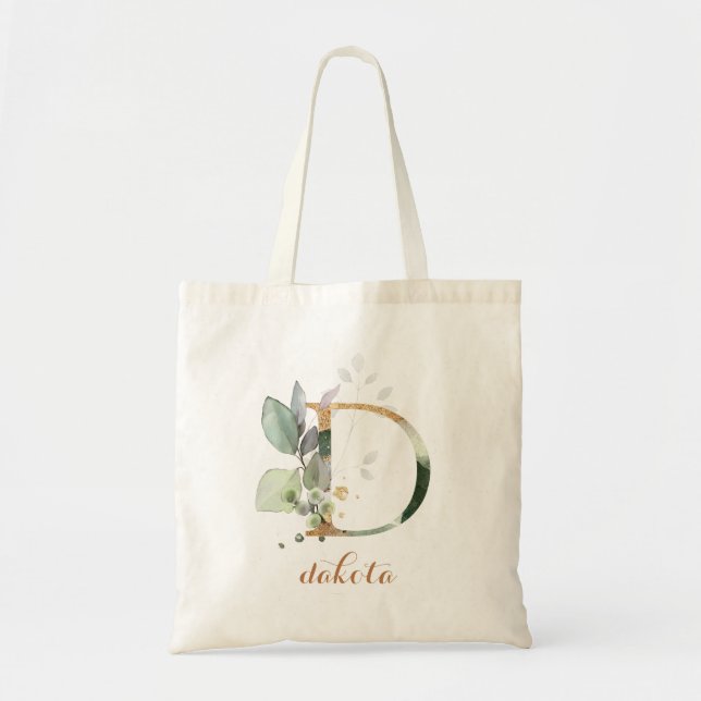Greenery Gold Leaf Foliage Personalised Letter "D" Tote Bag (Front)