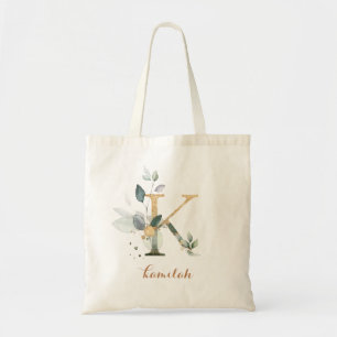 Greenery Gold Leaf Foliage Personalised Letter "K" Tote Bag
