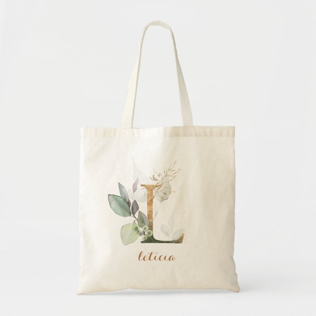 Greenery Gold Leaf Foliage Personalised Letter "L" Tote Bag (Front)