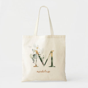 Greenery Gold Leaf Foliage Personalised Letter "M" Tote Bag