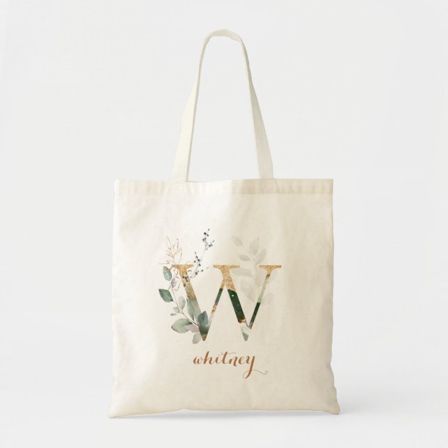 Greenery Gold Leaf Foliage Personalised Letter "W" Tote Bag (Front)