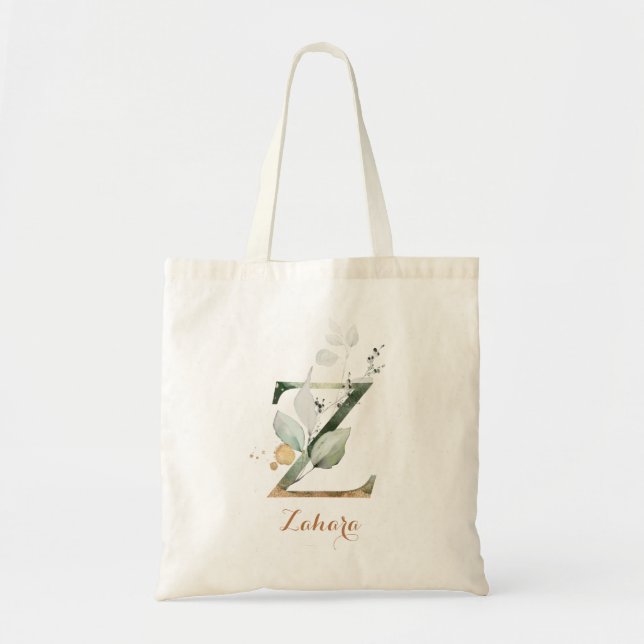 Greenery Gold Leaf Foliage Personalised Letter "Z" Tote Bag (Front)