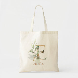Greenery Gold Leaf Foliage Personalized Letter "E" Tote Bag