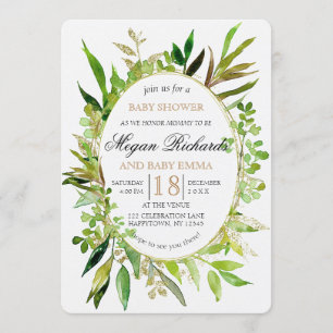 Greenery & Gold Leaf Framed Baby Shower Invitation