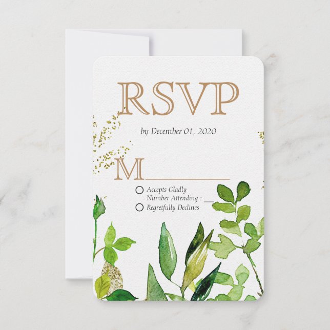 Greenery & Gold Leaf Framed Leaves Wedding RSVP (Front)