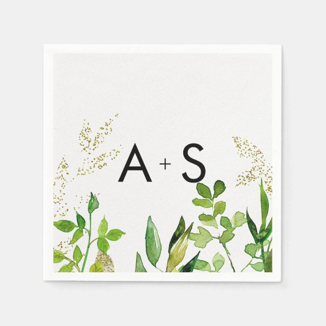 Greenery & Gold Leaf Framed Wedding Monogram Napkin (Front)