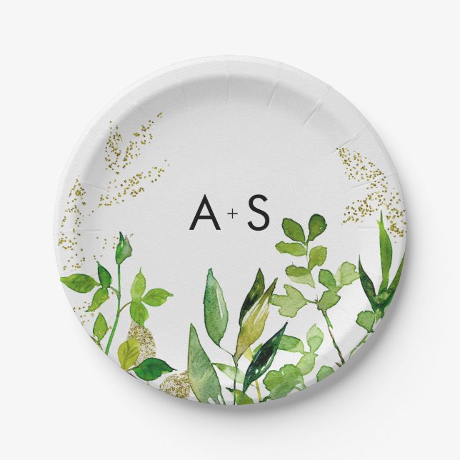 Greenery & Gold Leaf Framed Wedding Monogram Paper Plate (Front)